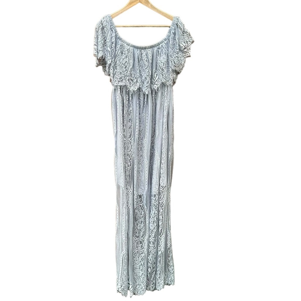 Lace Off-Shoulder Maxi Dress in Light Gray